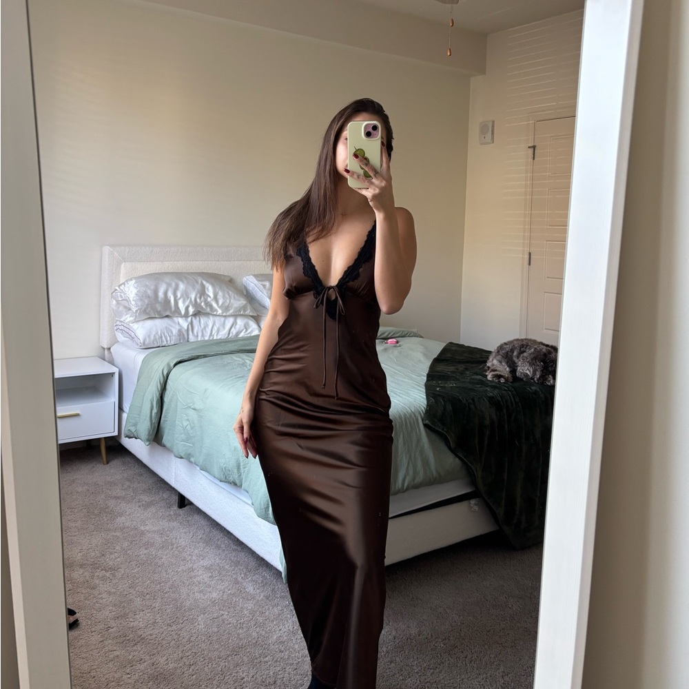 Wild Fable Brown Maxi Dress with Black Lace Trim